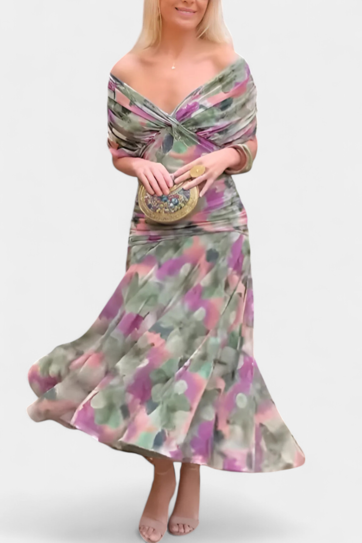 Maxi dress for women off-the-Shoulders ruched waist twisted neckline