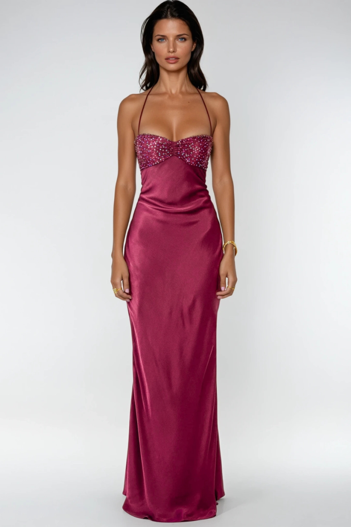 Women's Maxi dress halter neck embellished bodice lace-up back straight cut