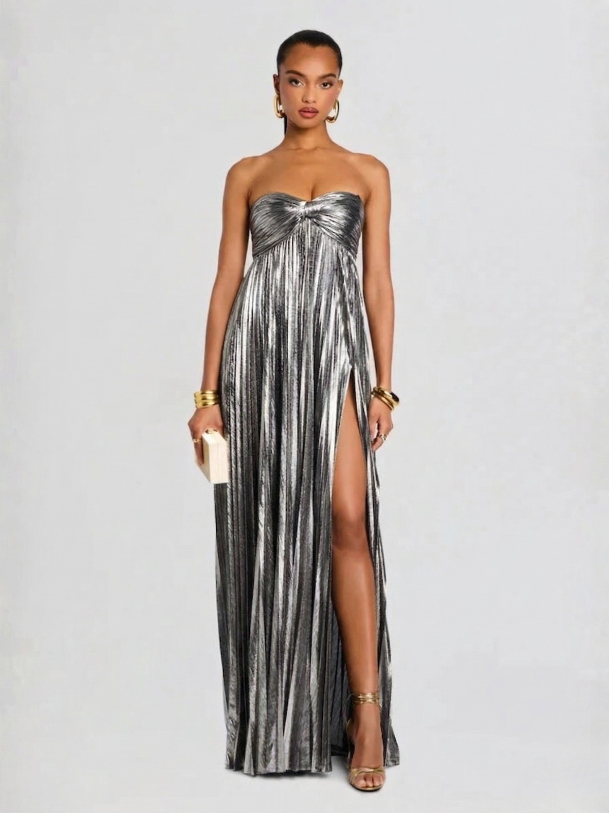 Maxi dress for women strapless twisted bodice high pleated slit