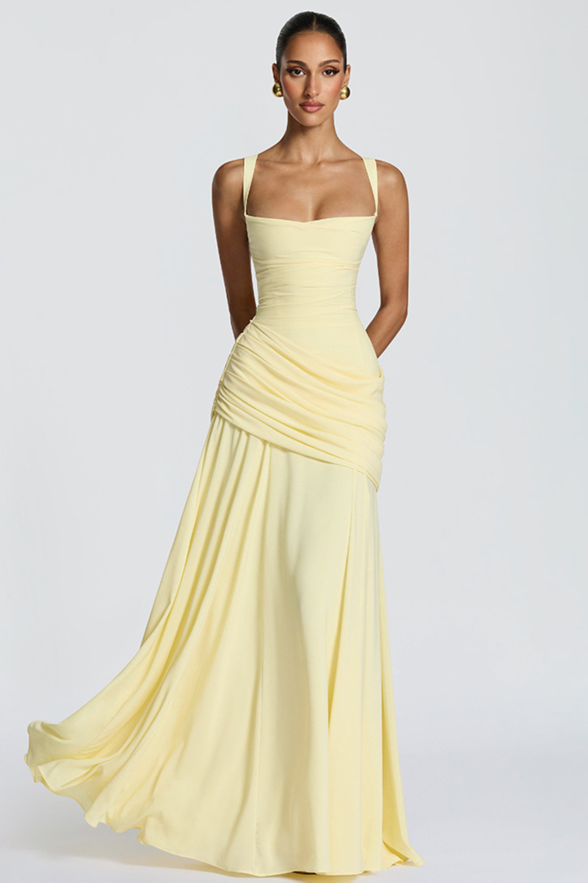 Maxi dress for women square neckline draped waist thin straps crossed back