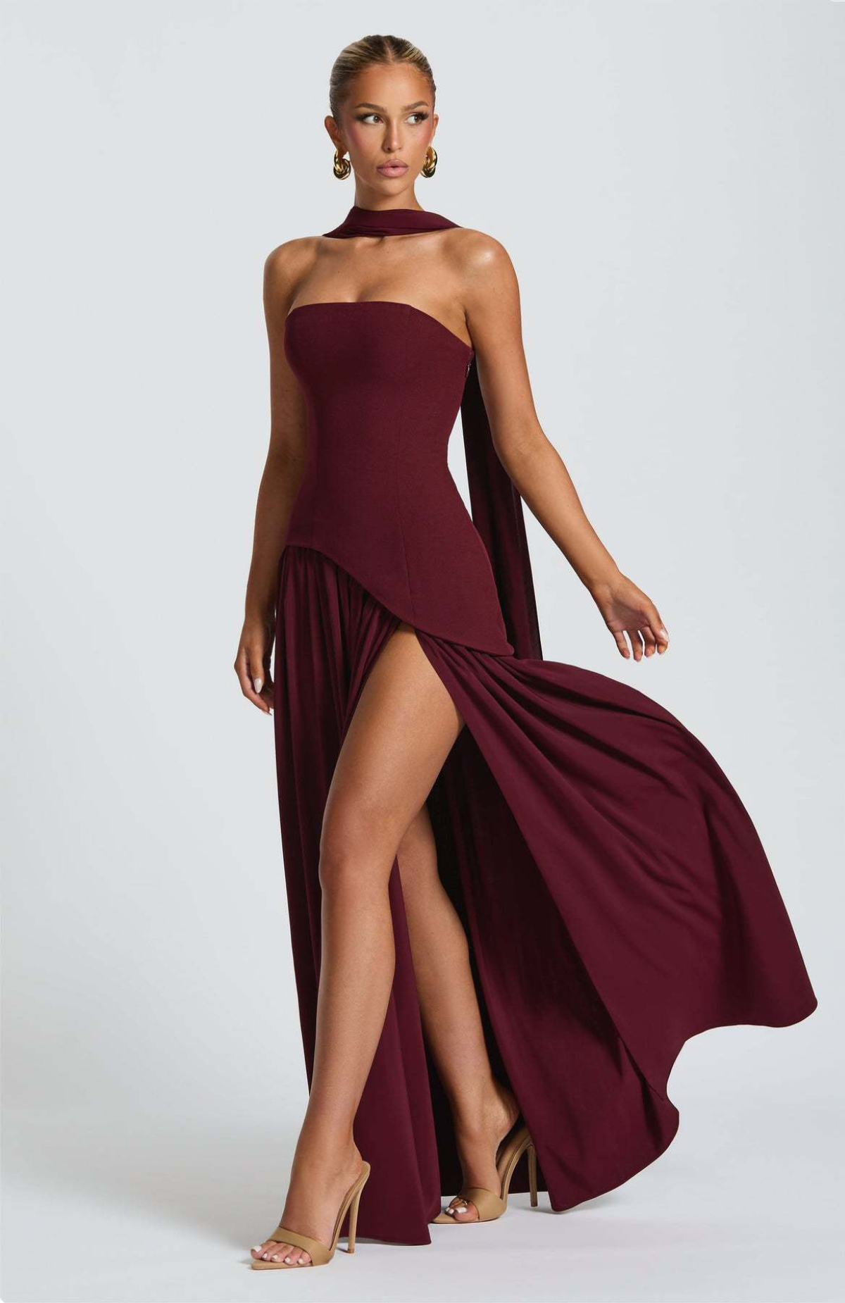 Maxi dress for women strapless scarf collar corset back high slit
