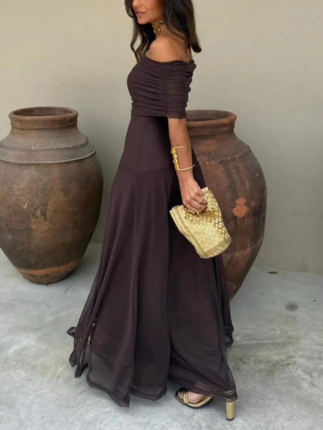Maxi dress for women, off-Shoulders, ruched empire waist, flowing skirt