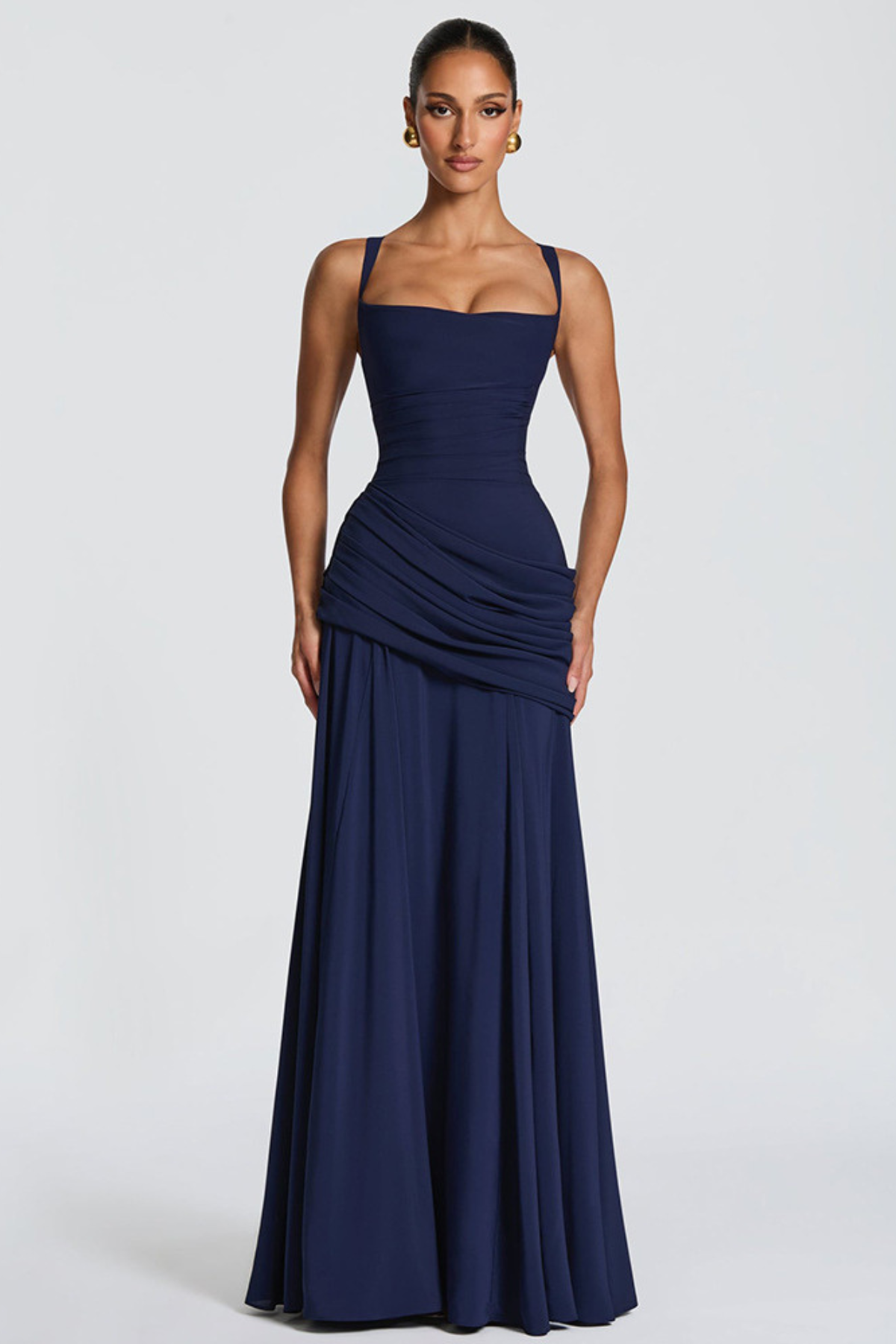 Maxi dress for women square neckline draped waist thin straps crossed back