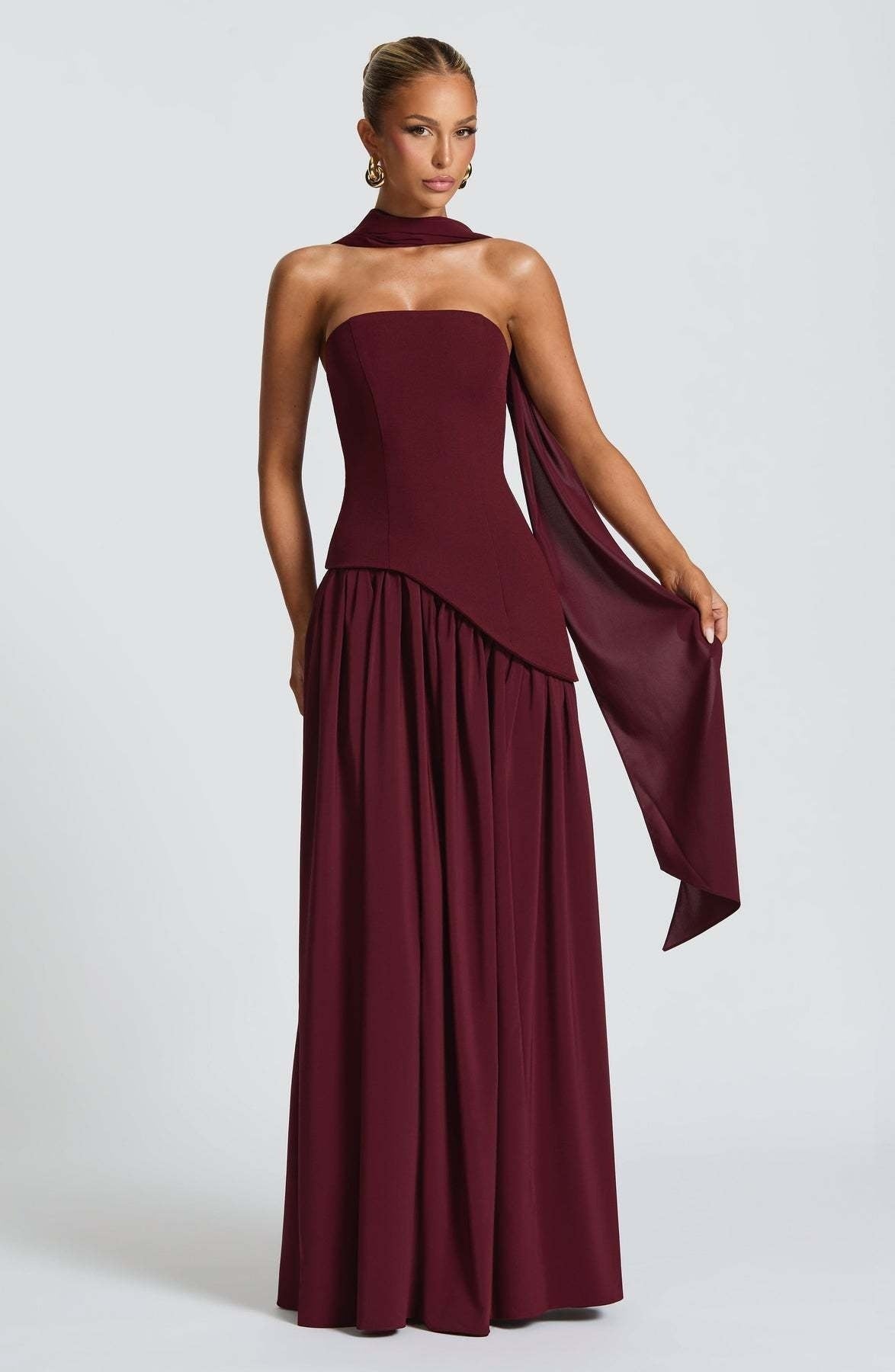 Maxi dress for women strapless bodice high slit asymmetrical waist
