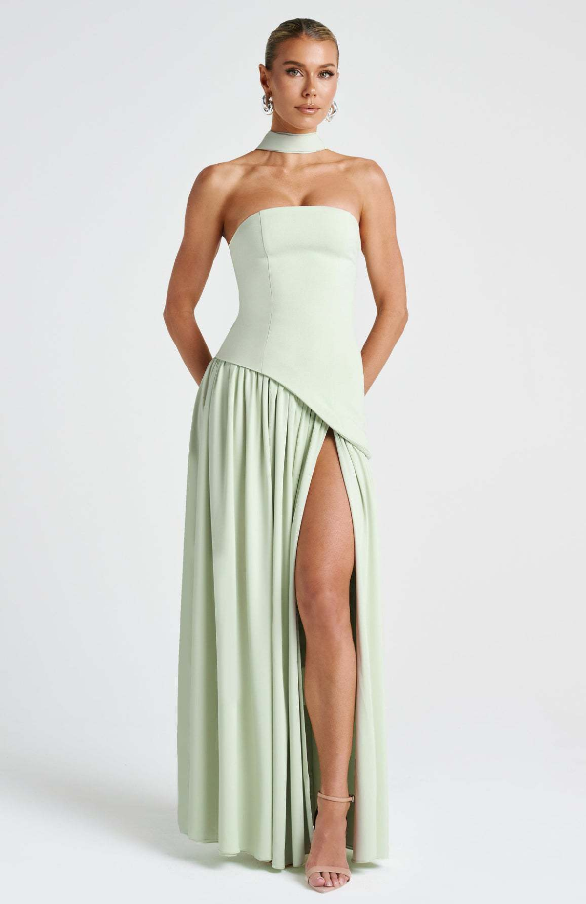 Maxi dress for women strapless scarf collar corset back high slit