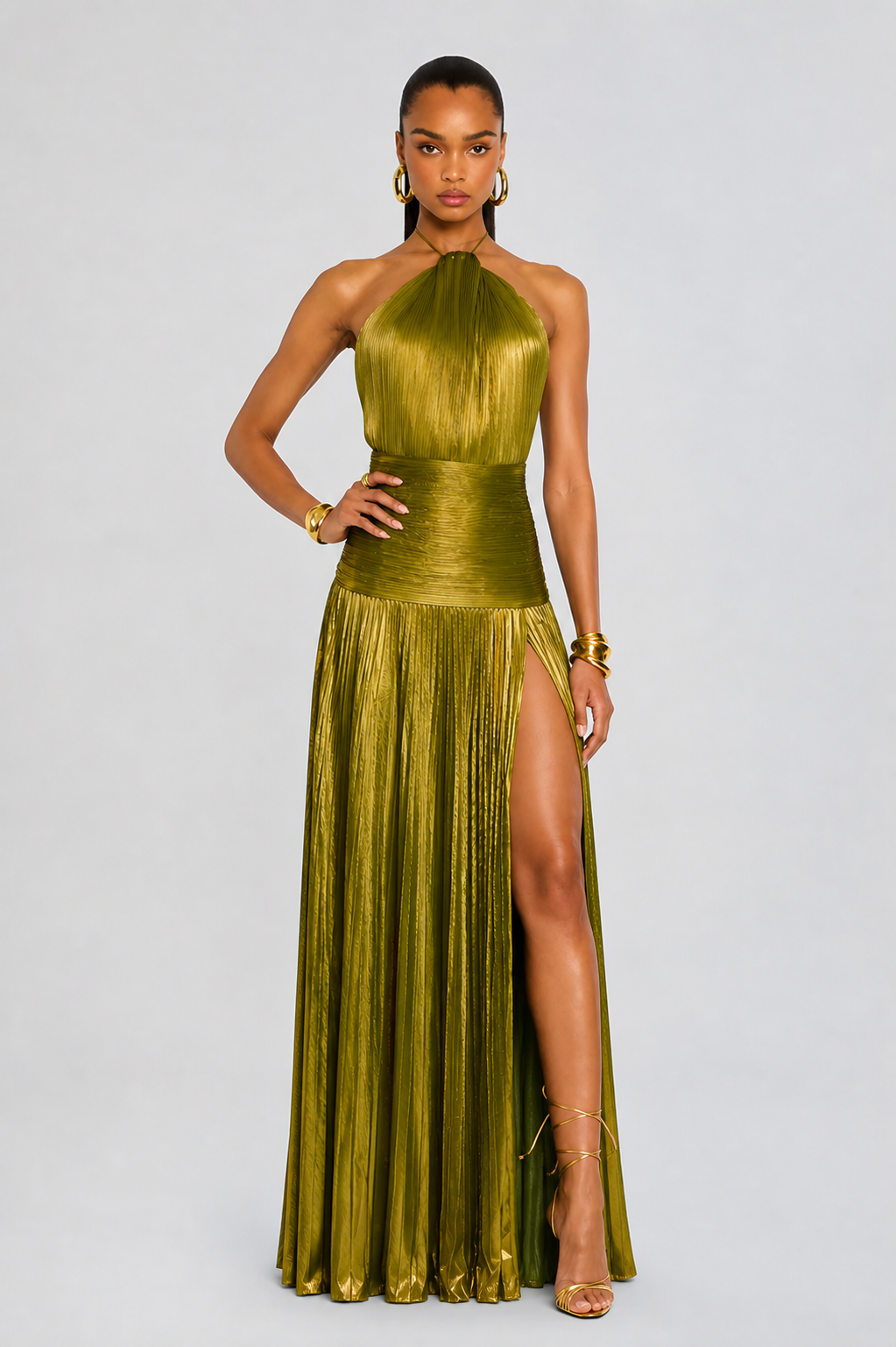 Maxi dress for women halter neck pleated slit backless