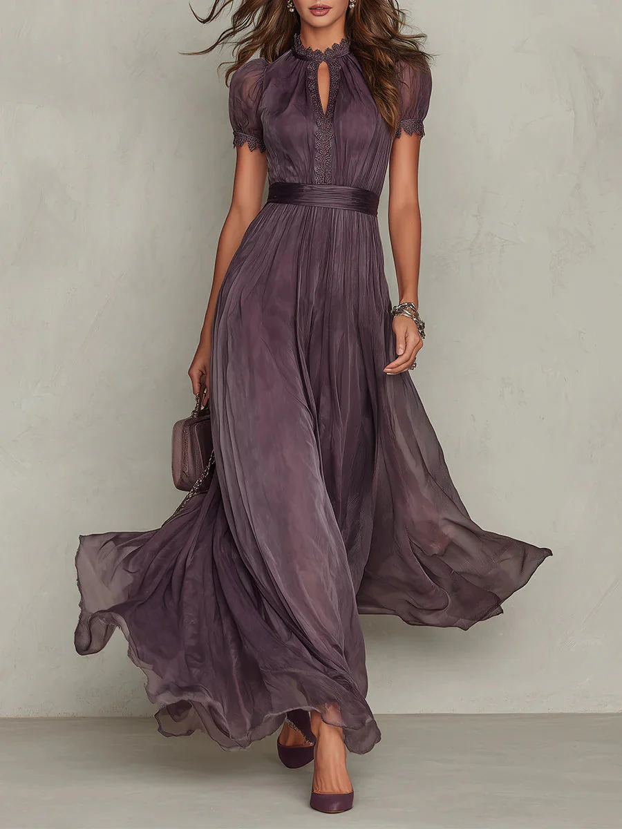 Maxi dress for women, plum, pleated, high neckline, puff sleeves