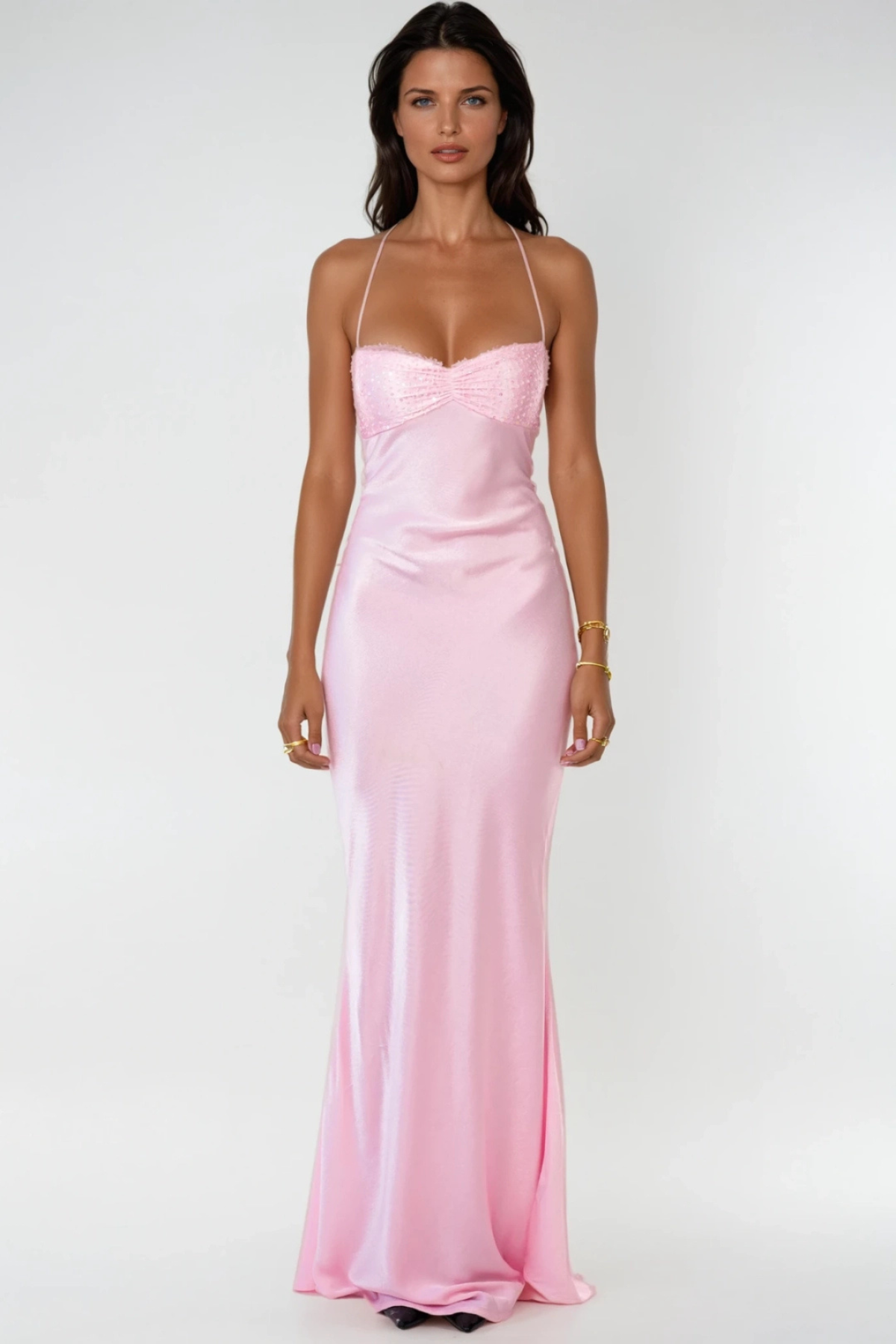Women's Maxi dress halter neck embellished bodice lace-up back straight cut