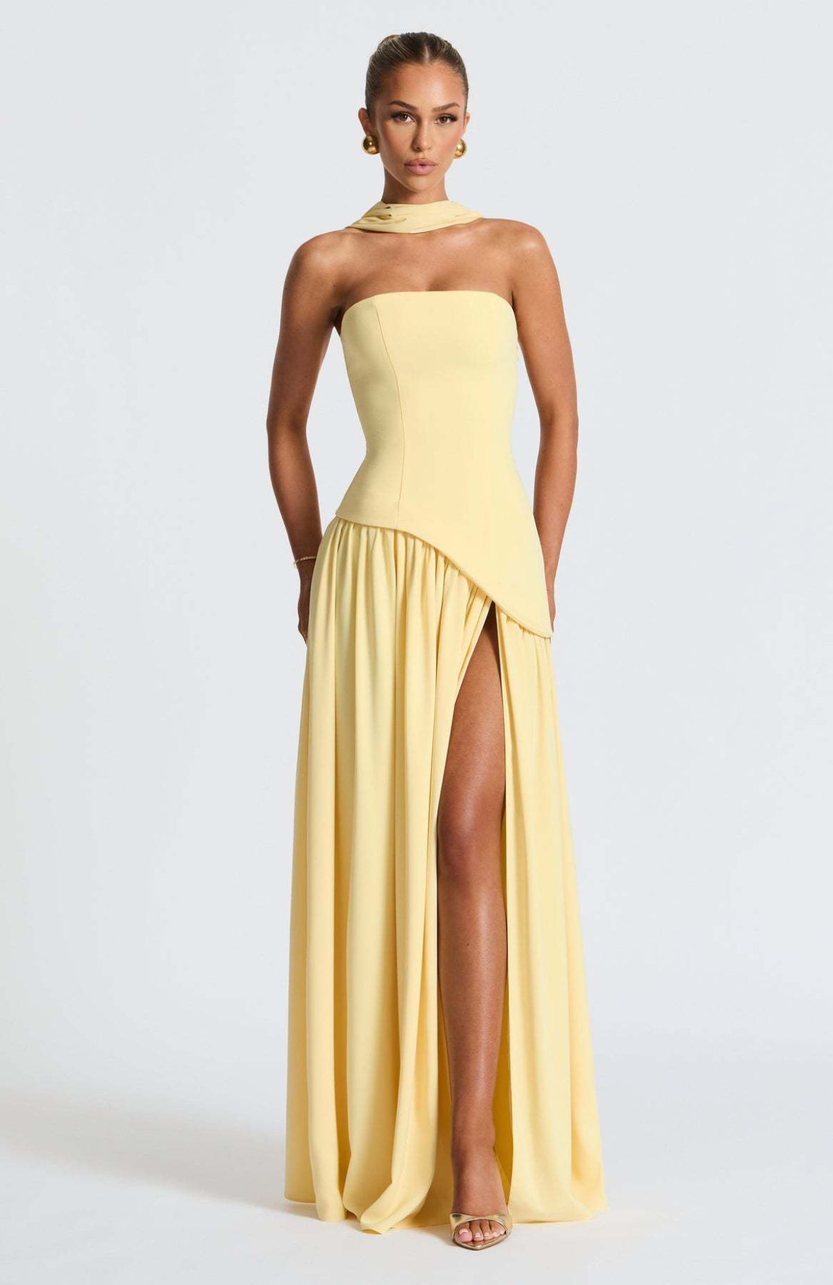 Maxi dress for women strapless scarf collar corset back high slit