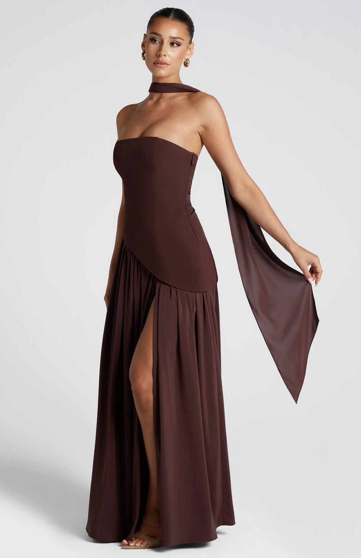 Maxi dress for women strapless scarf collar corset back high slit