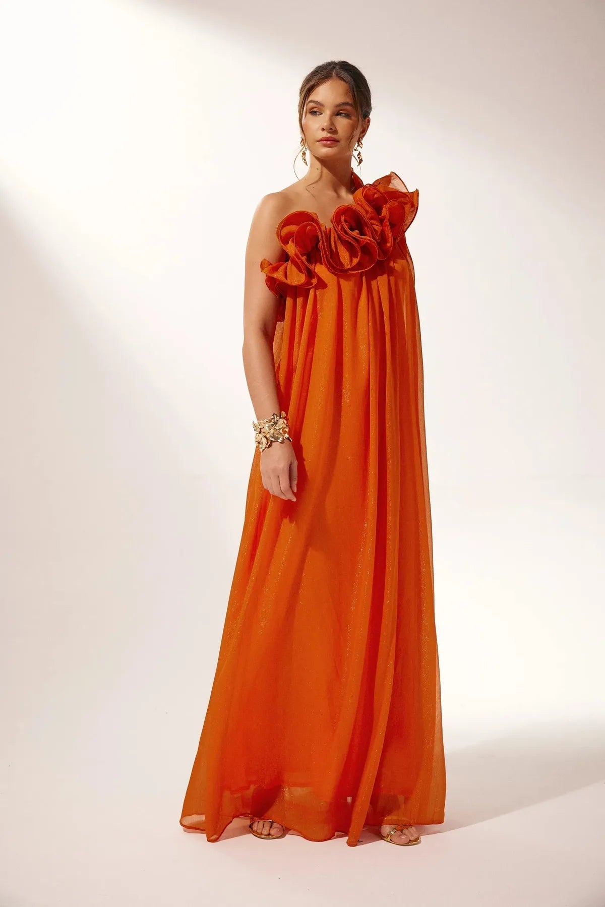 Maxi dress for women orange one-Shoulder sculpted ruffles