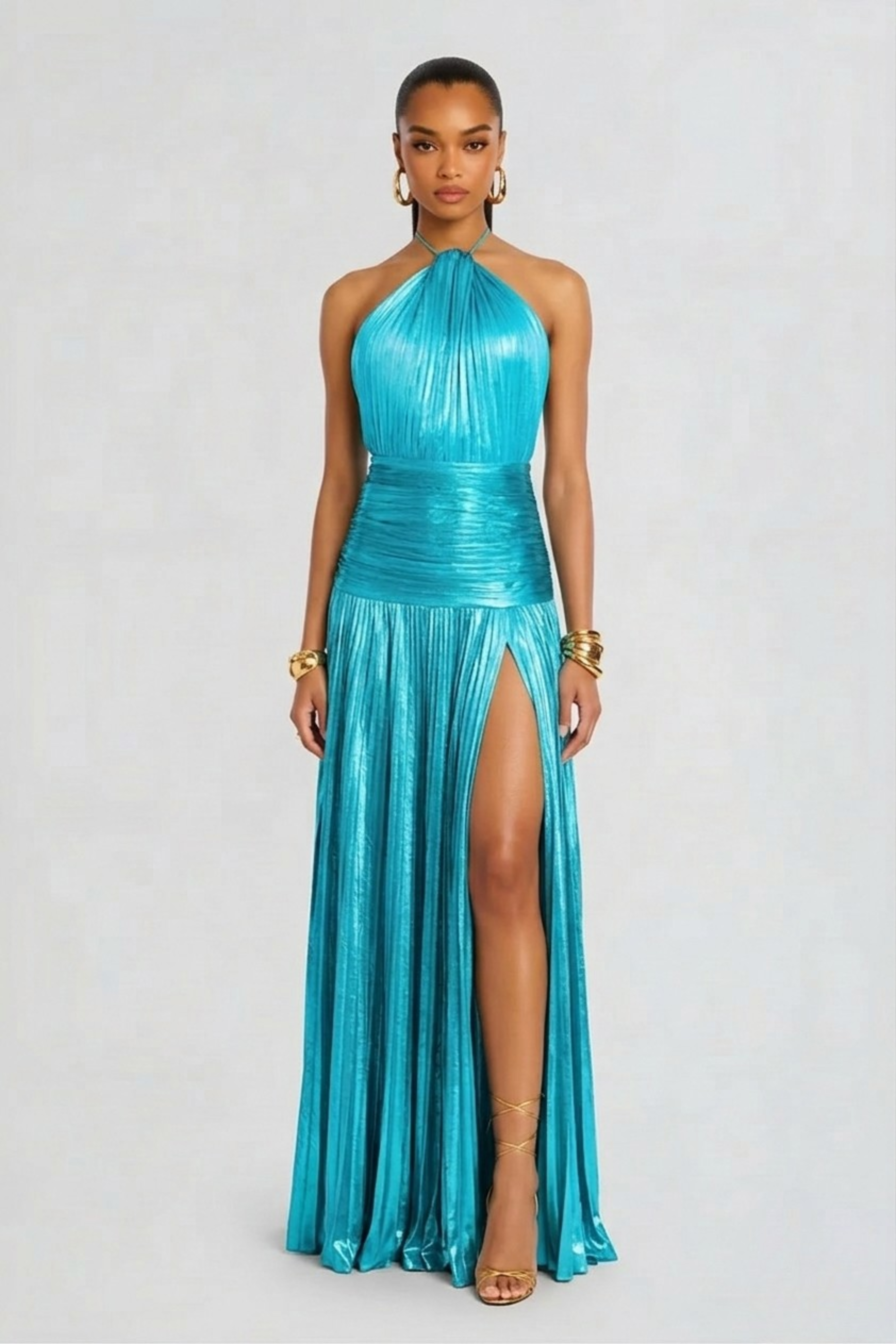 Maxi dress for women halter neck pleated slit backless