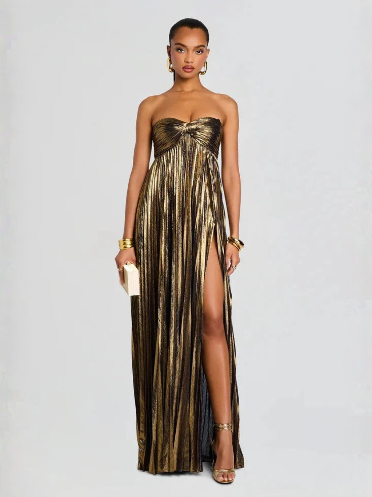 Maxi dress for women strapless twisted bodice high pleated slit