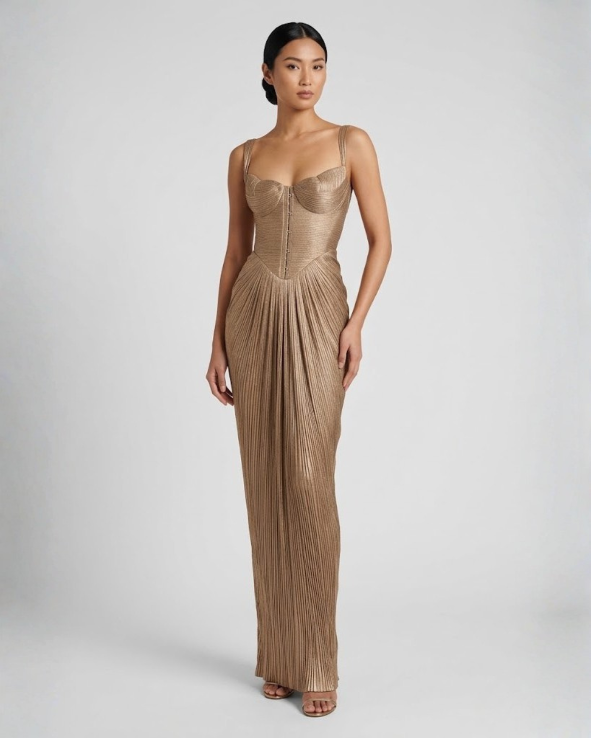 Women's Maxi dress gold pleated bustier thin straps lace-up back