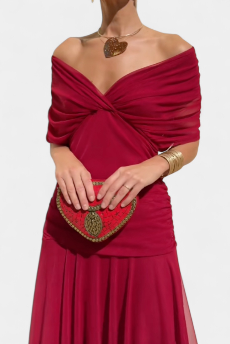 Maxi dress for women off-the-Shoulders ruched waist twisted neckline