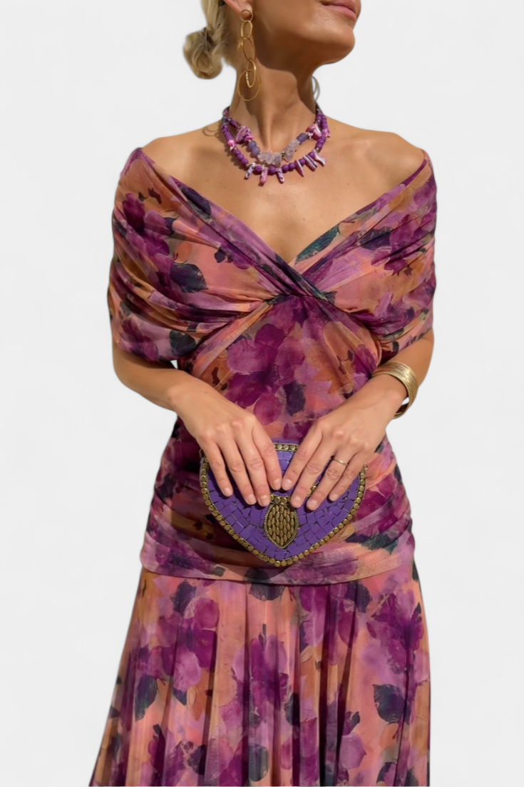 Maxi dress for women off-the-Shoulders ruched waist twisted neckline
