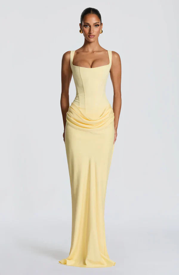 Maxi dress for women structured bodice square neckline draped