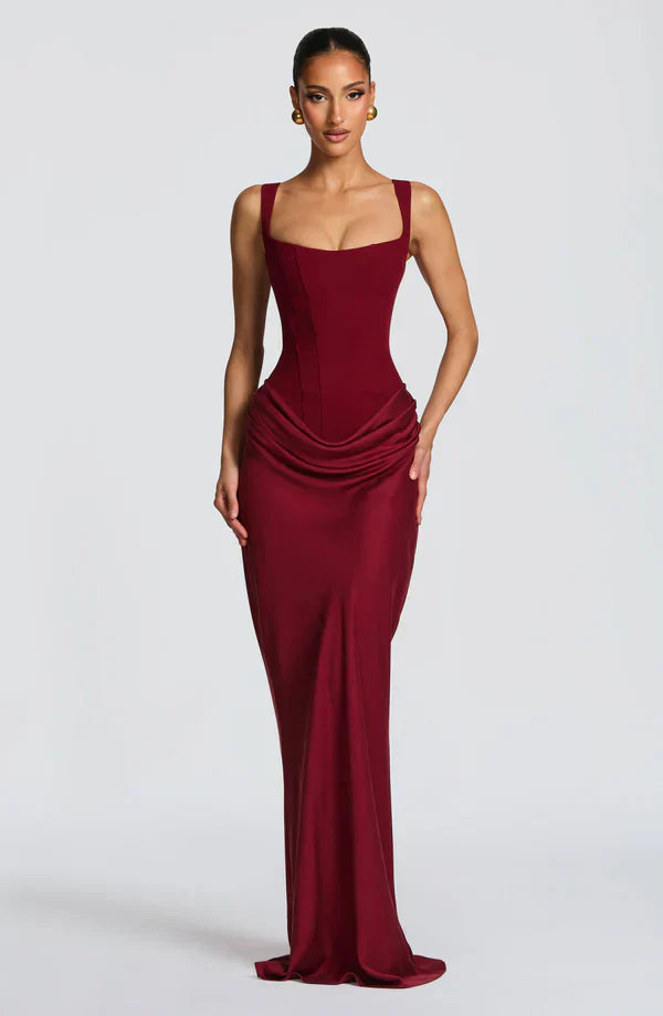 Maxi dress for women structured bodice square neckline draped