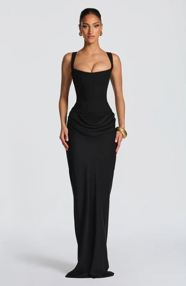 Maxi dress for women structured bodice square neckline draped