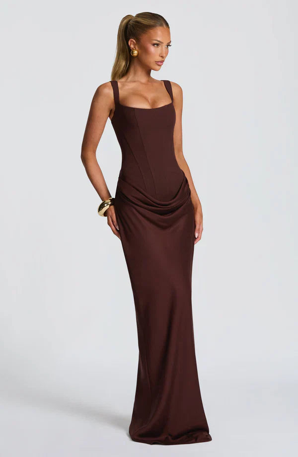 Maxi dress for women structured bodice square neckline draped