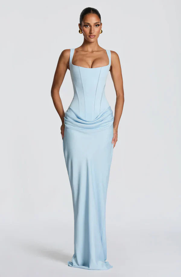 Maxi dress for women structured bodice square neckline draped