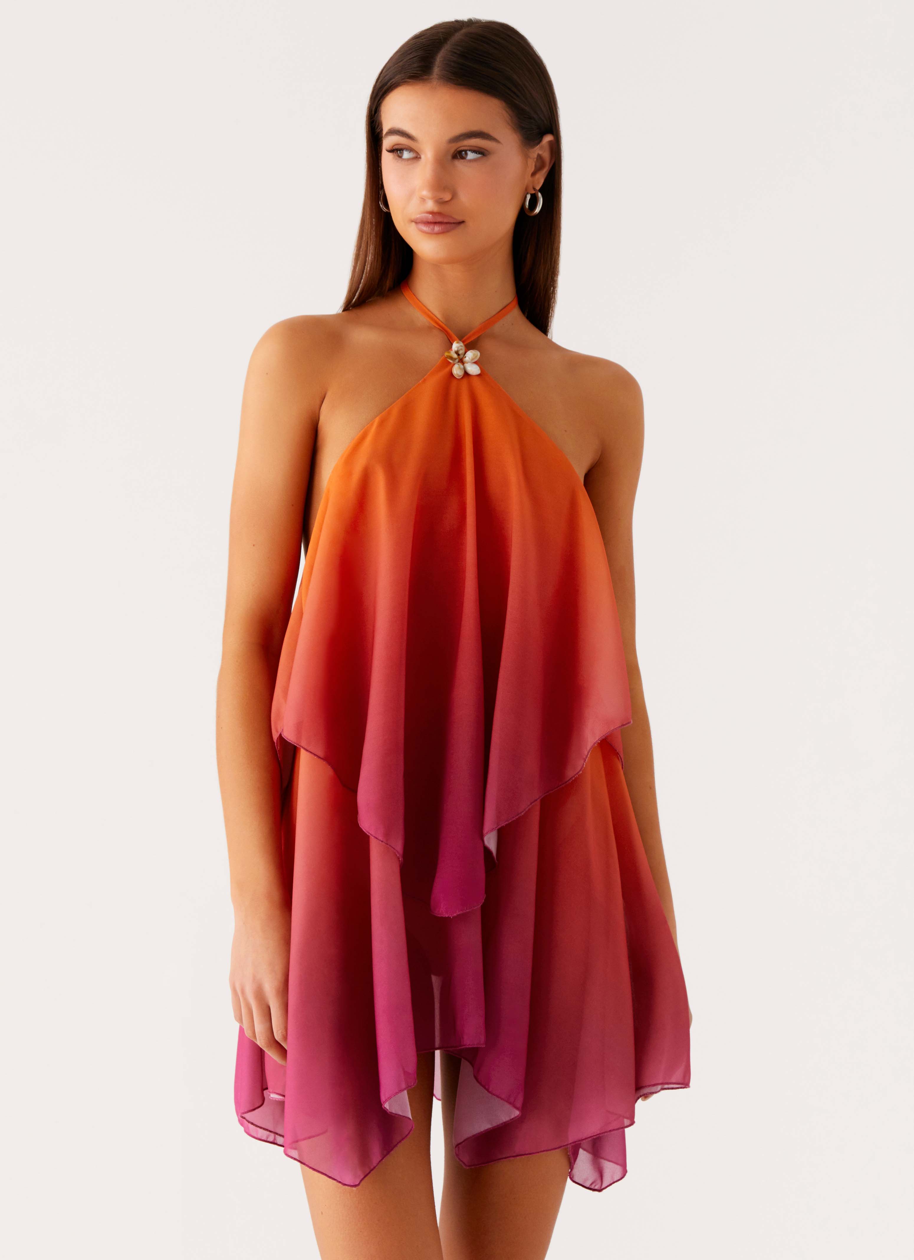 Mini dress for women multicolored halter neck flowy with ruffles