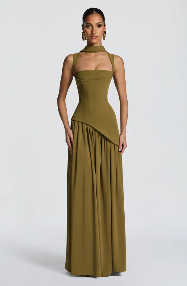 Women's Maxi dress crew neck straight neckline asymmetric waist lace-up back
