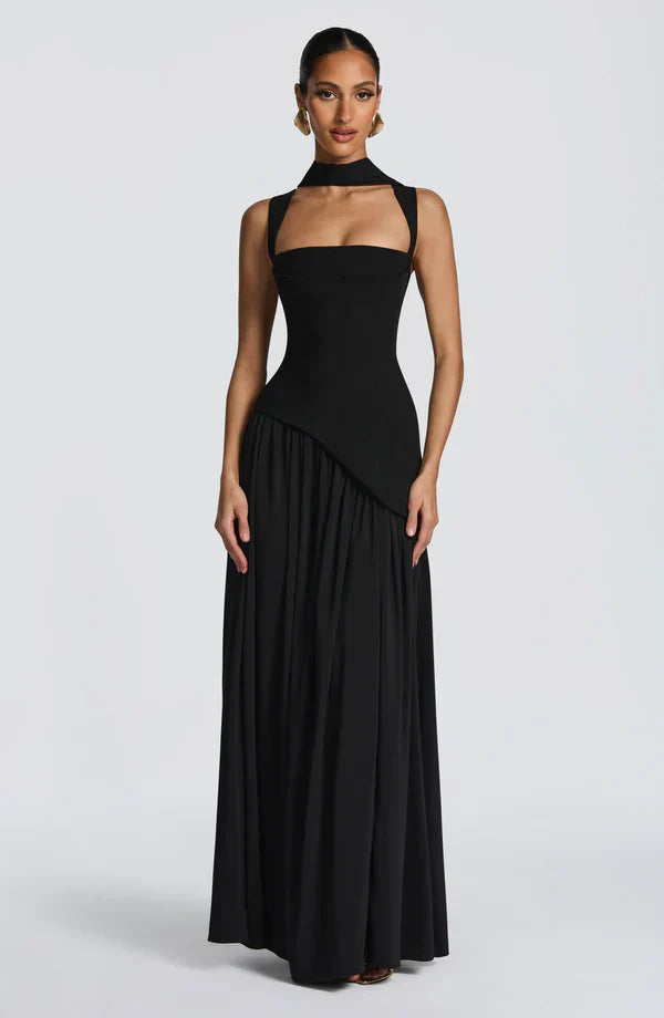 Women's Maxi dress crew neck straight neckline asymmetric waist lace-up back