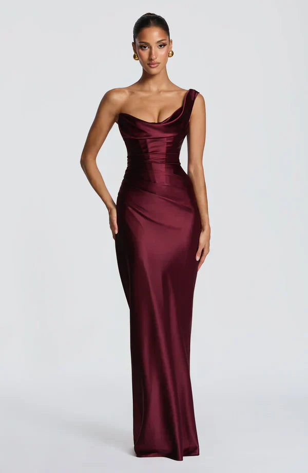 Maxi dress for women single Shoulder cowl neckline lace-up back fitted