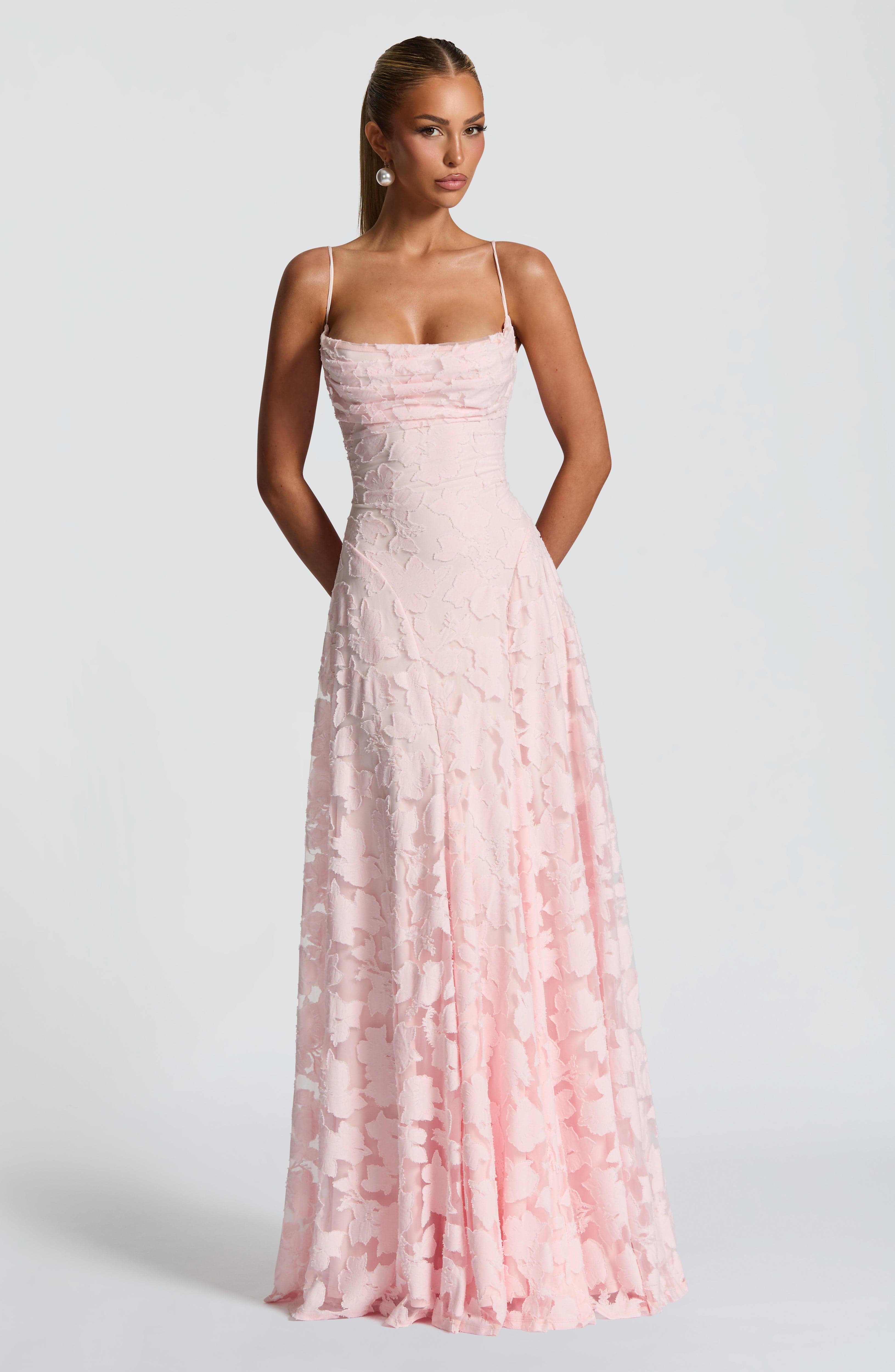 Maxi dress for women, cowl neckline, lace back, thin straps, openwork pattern
