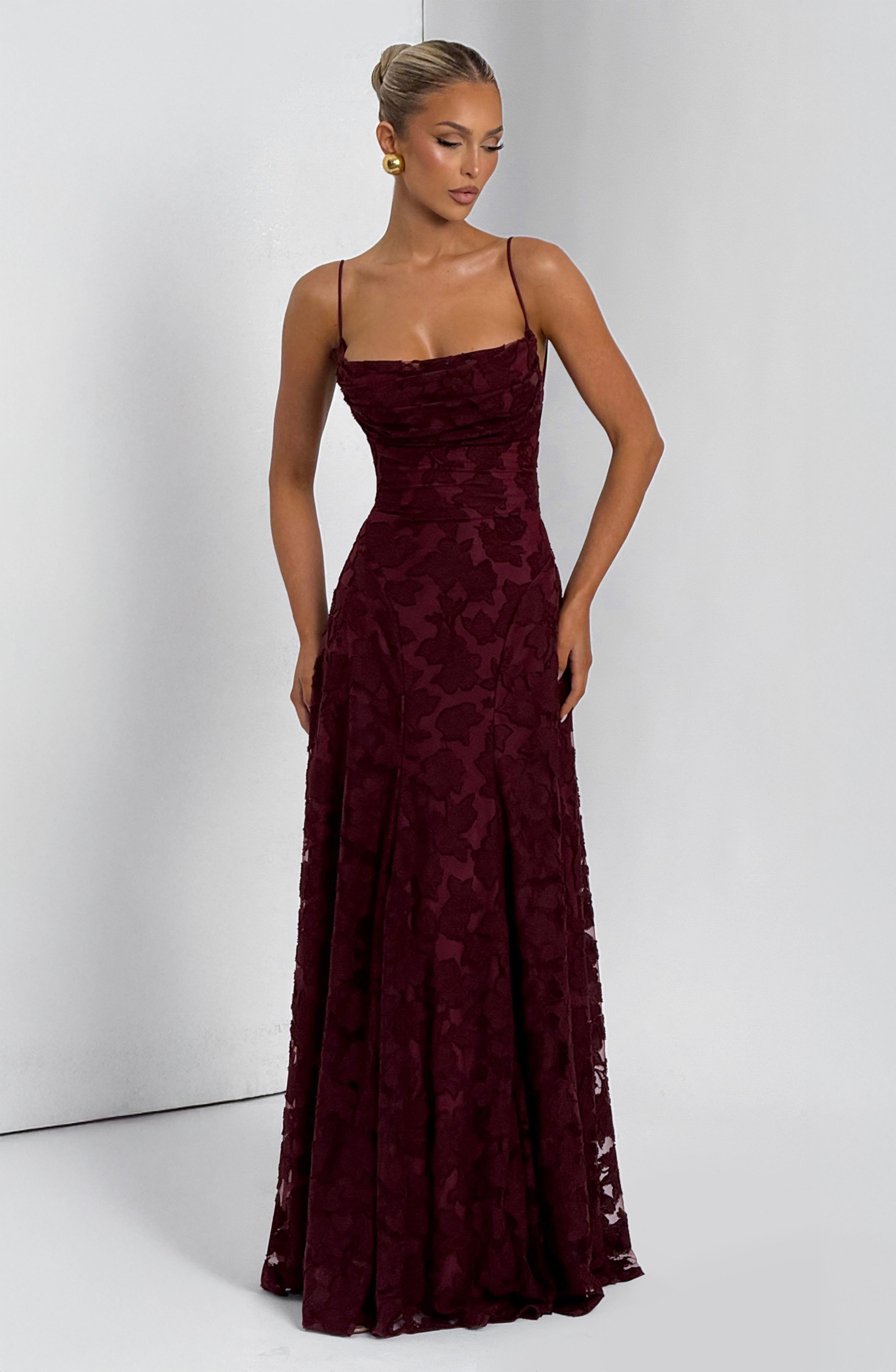 Maxi dress for women, cowl neckline, lace back, thin straps, openwork pattern