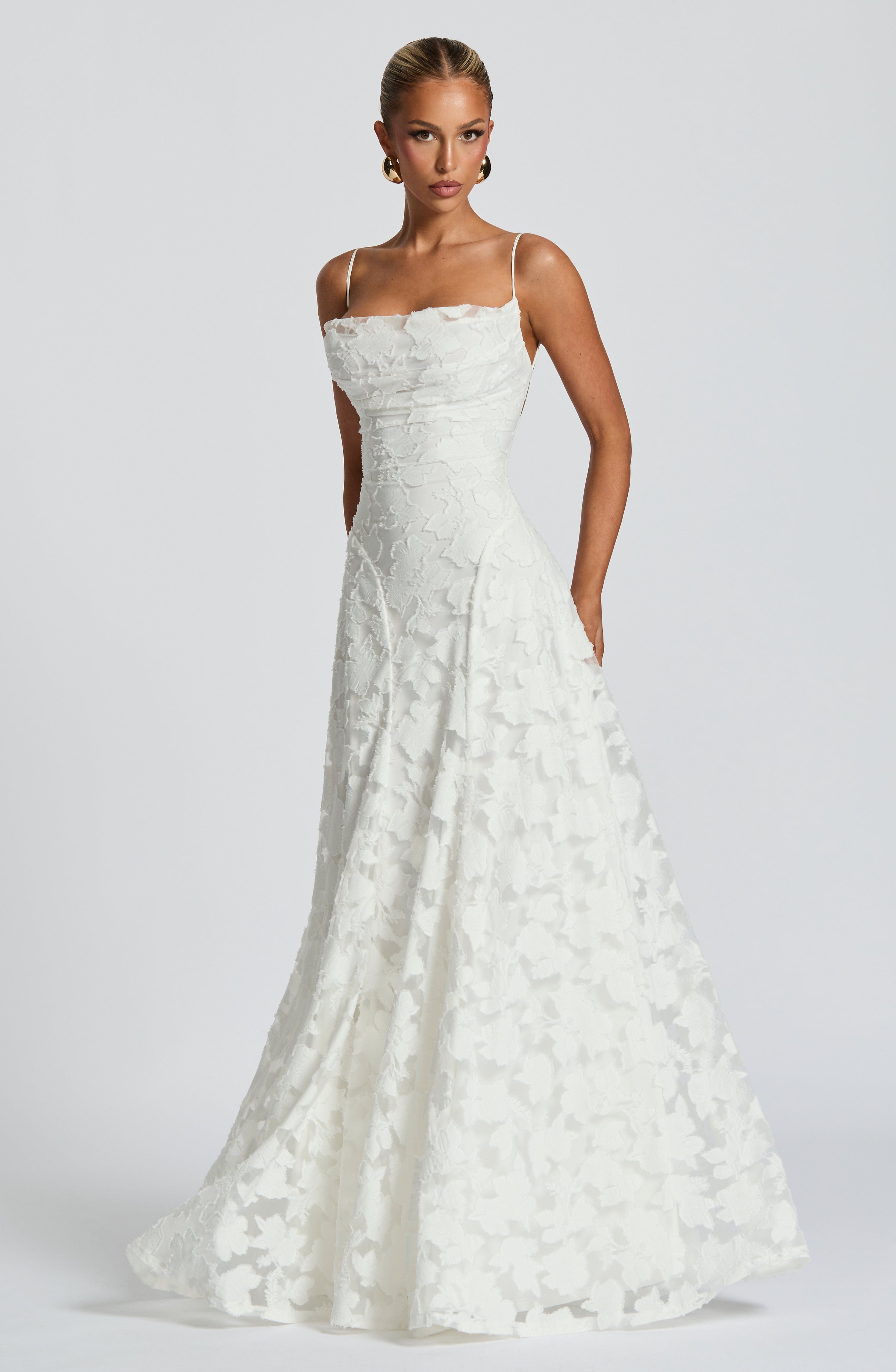 Maxi dress for women, cowl neckline, lace back, thin straps, openwork pattern
