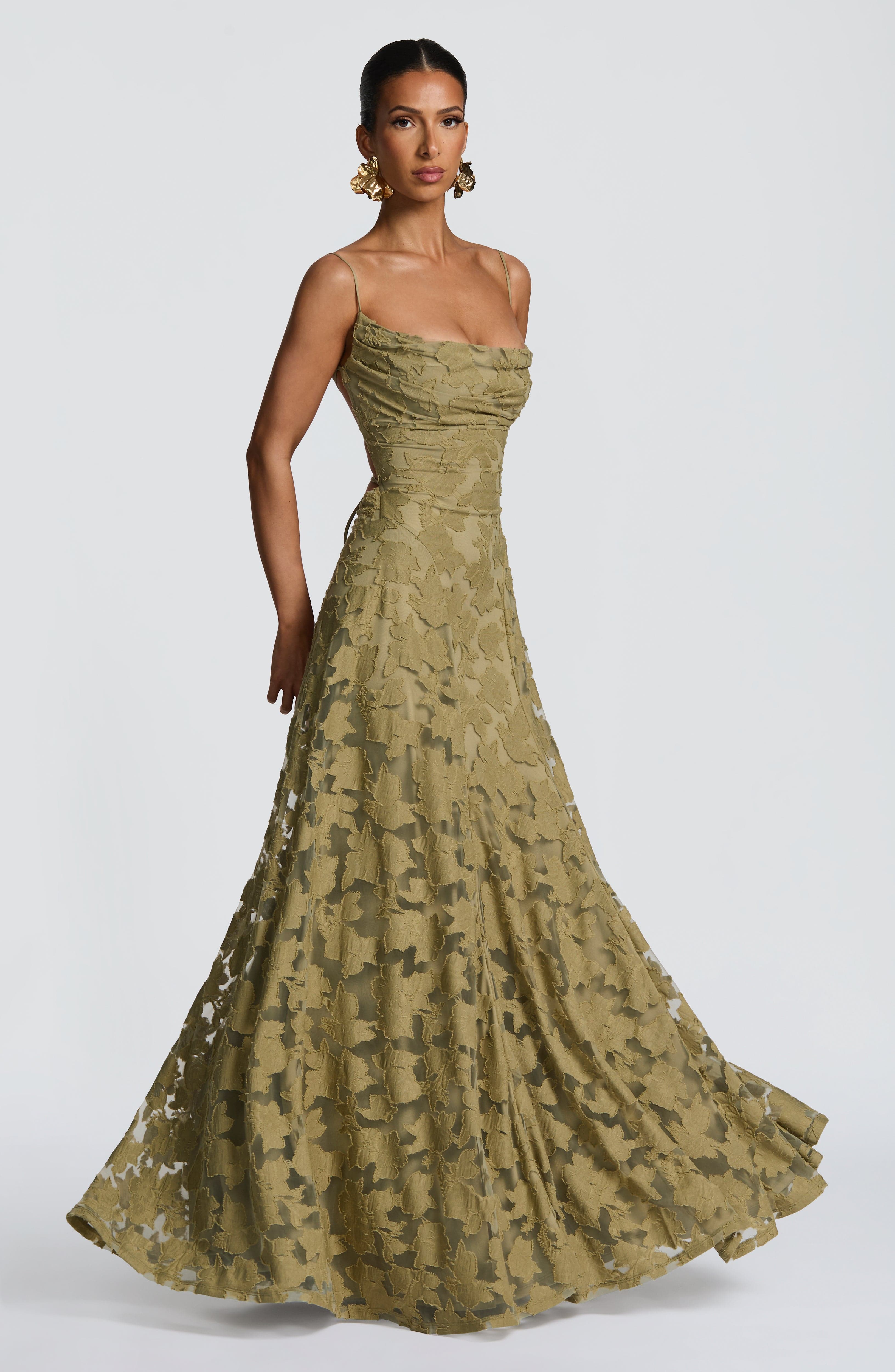 Maxi dress for women, cowl neckline, lace back, thin straps, openwork pattern