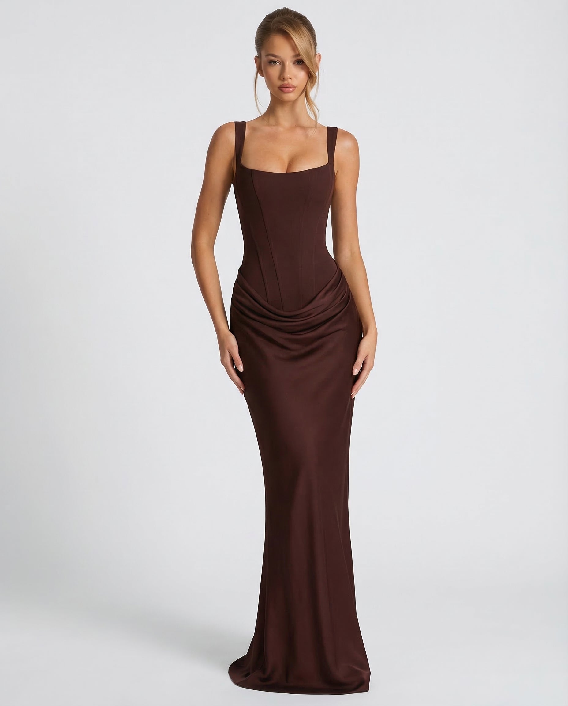 Maxi dress for women, square neckline, draped waist, structured bodice