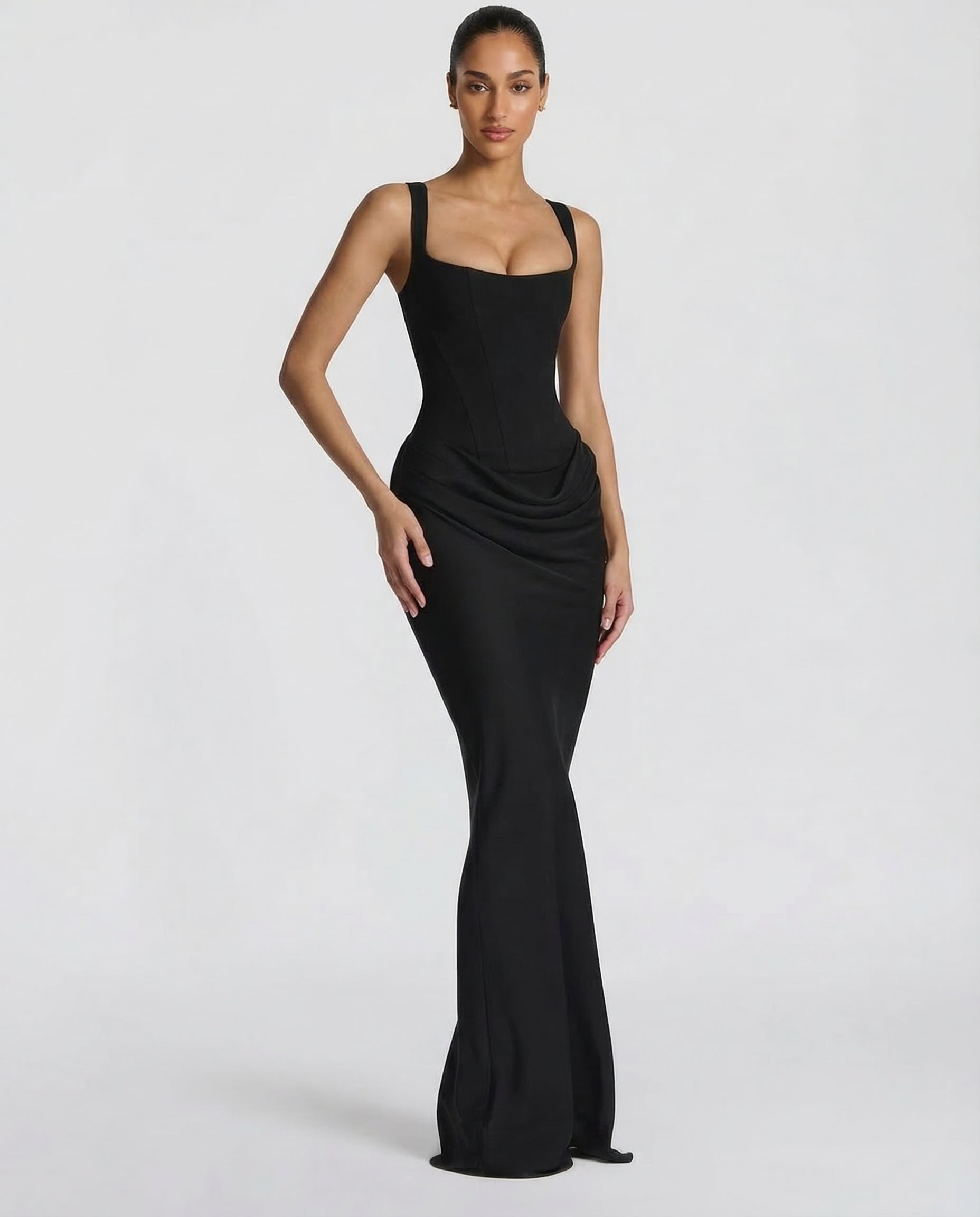 Maxi dress for women, square neckline, draped waist, structured bodice