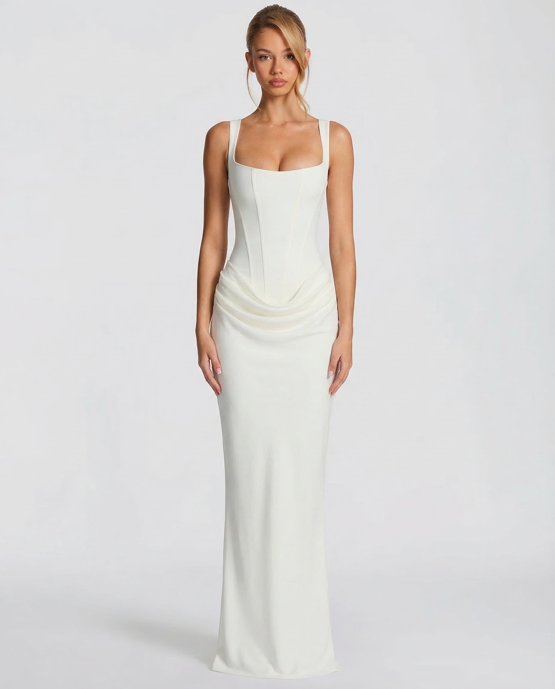 Maxi dress for women, square neckline, draped waist, structured bodice
