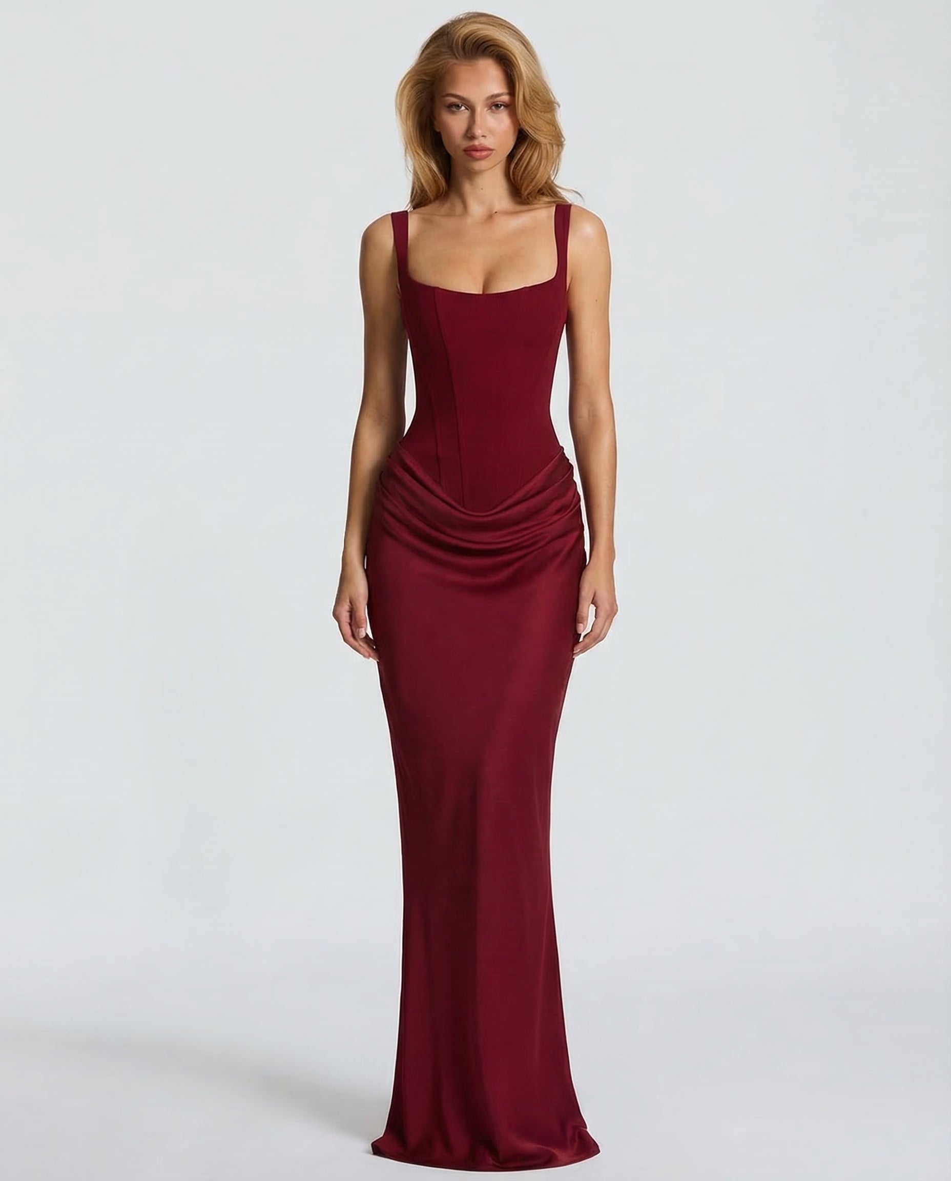 Maxi dress for women, square neckline, draped waist, structured bodice