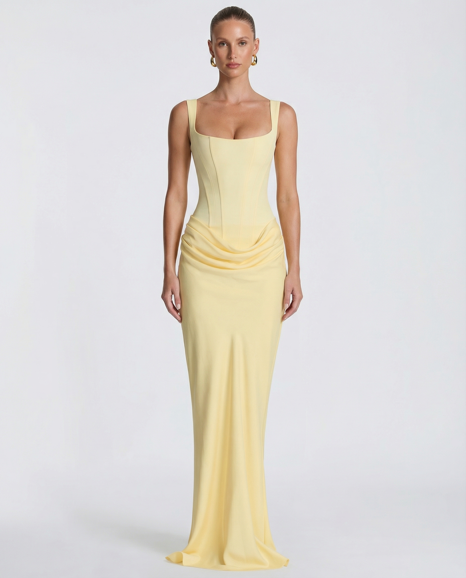Maxi dress for women, square neckline, draped waist, structured bodice