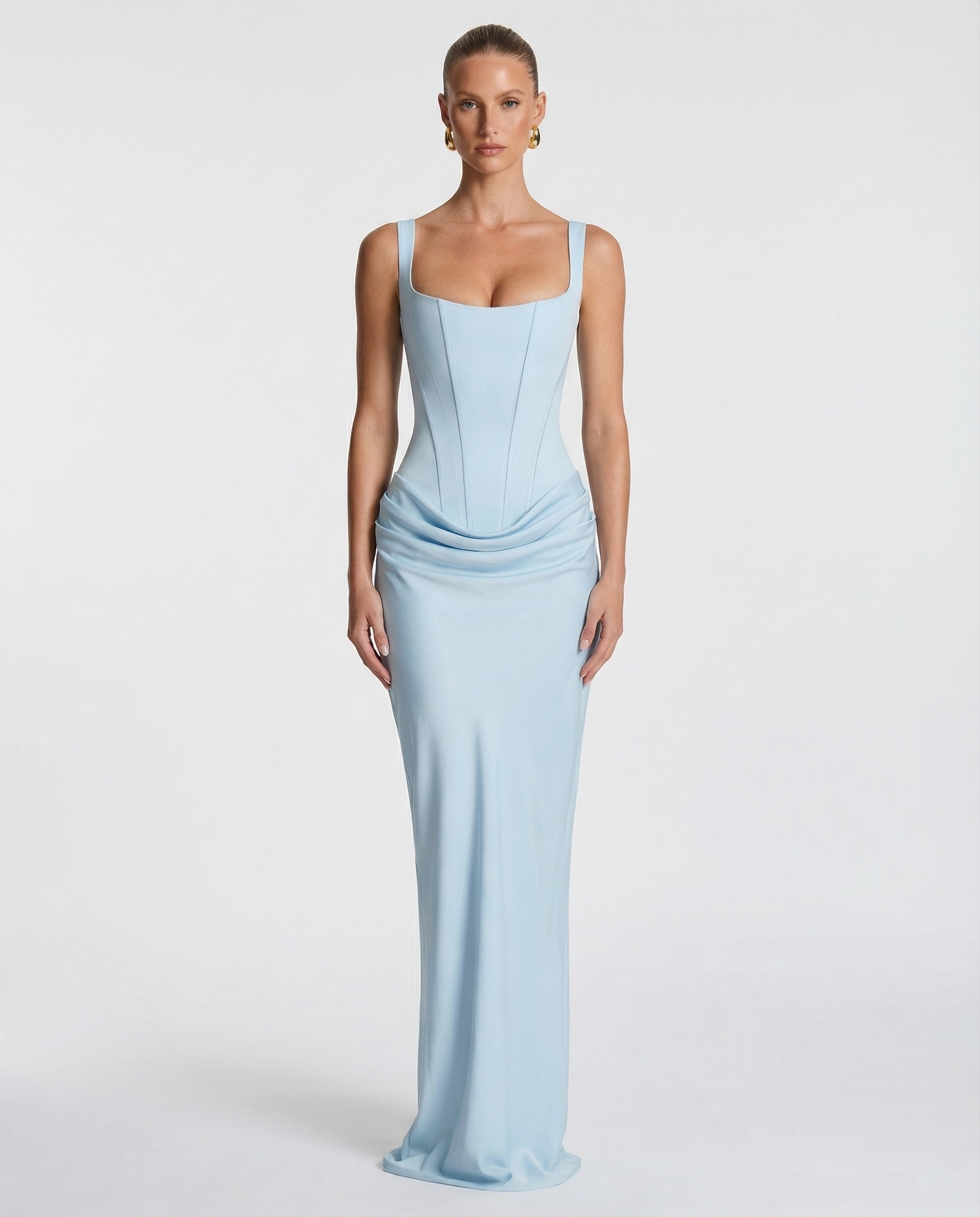 Maxi dress for women, square neckline, draped waist, structured bodice