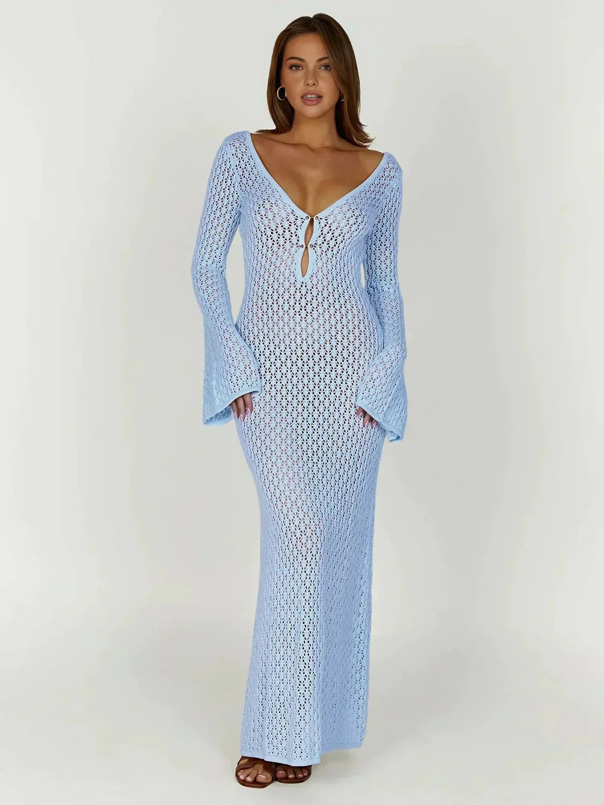 Fitted crochet Maxi dress, long sleeves, V-neck