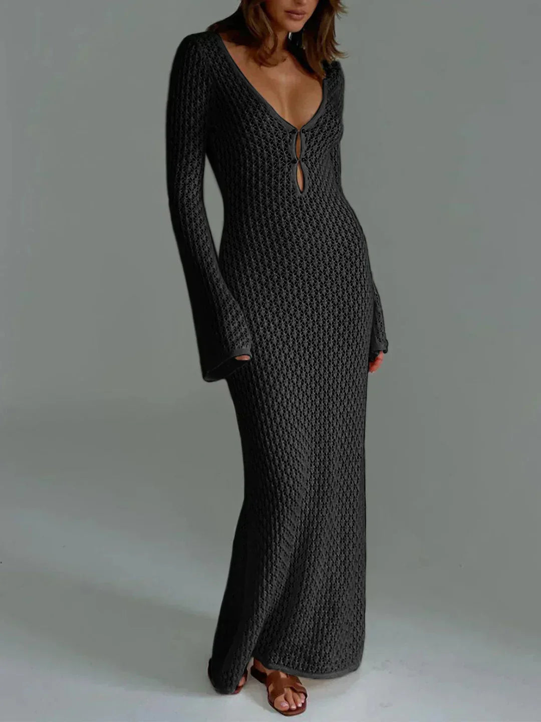 Fitted crochet Maxi dress, long sleeves, V-neck