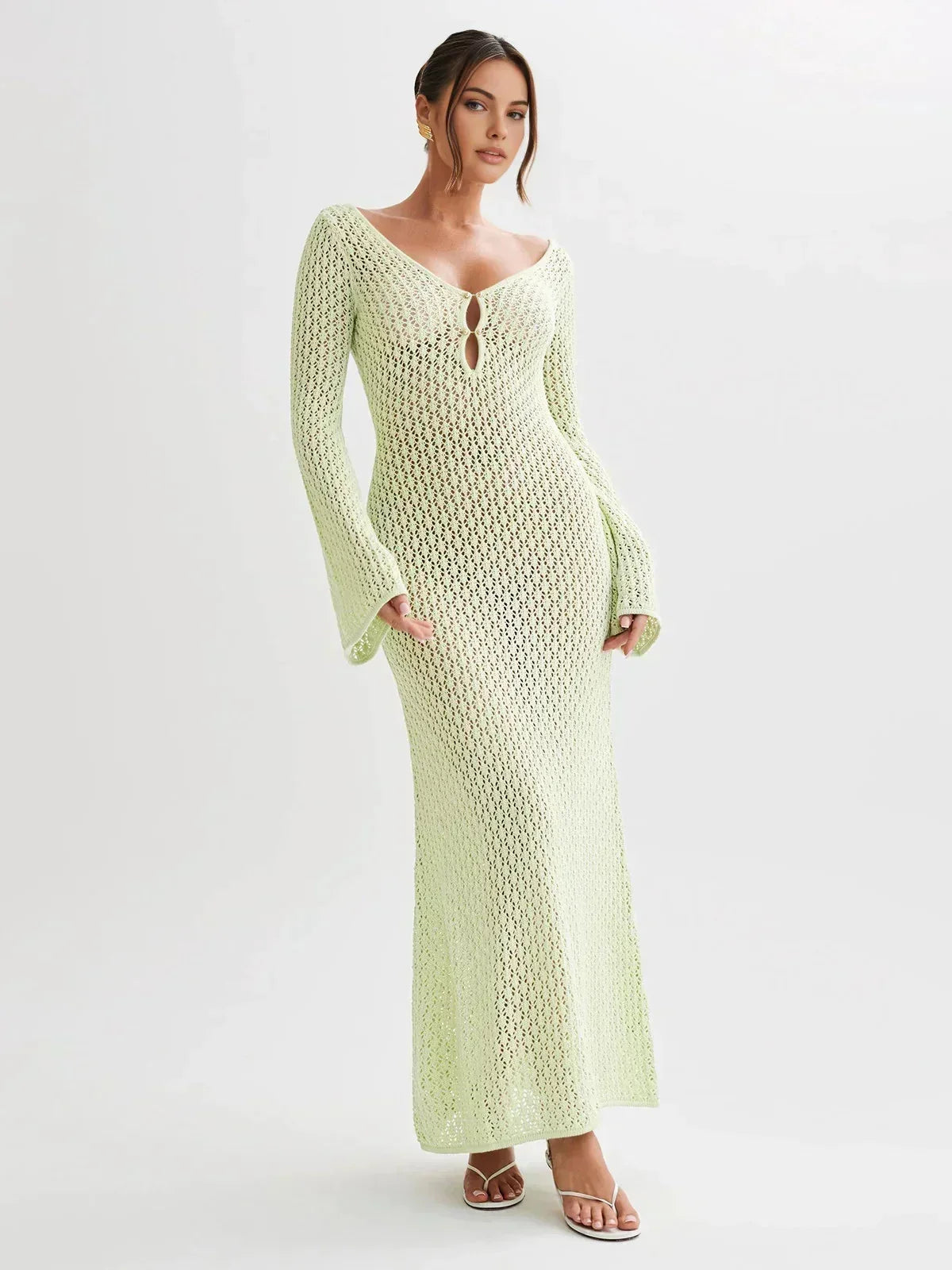 Fitted crochet Maxi dress, long sleeves, V-neck