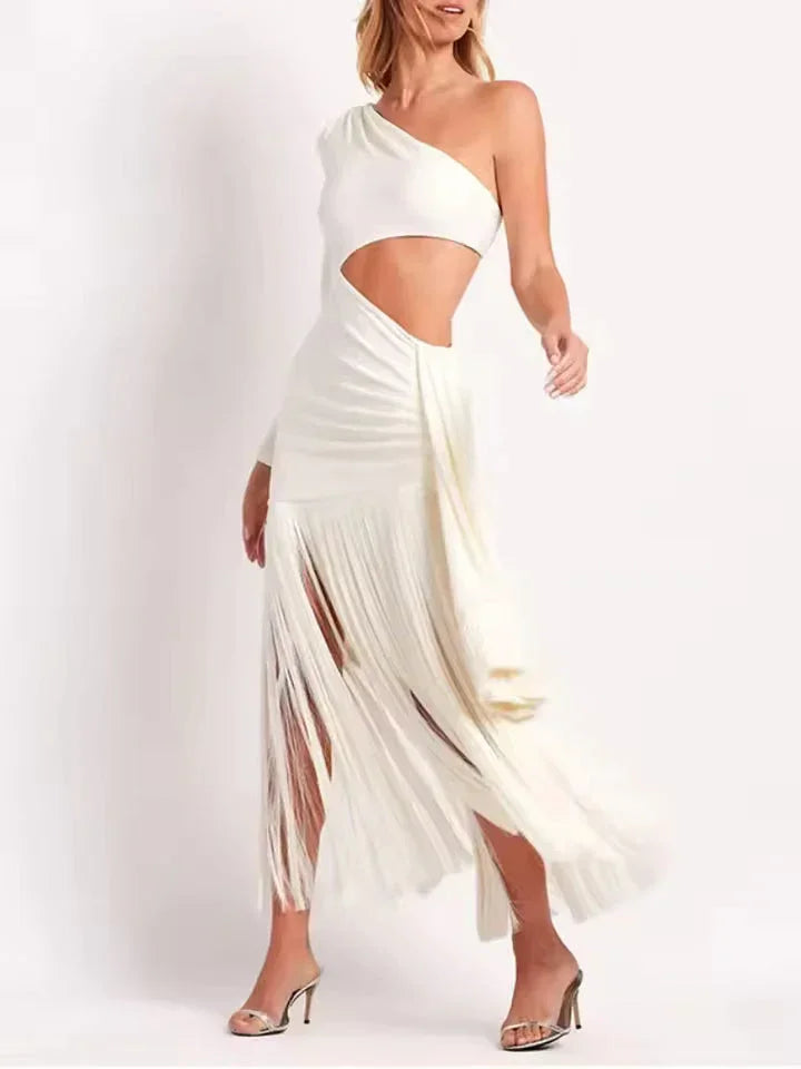 Maxi dress woman asymmetrical with fringes and cut-outs