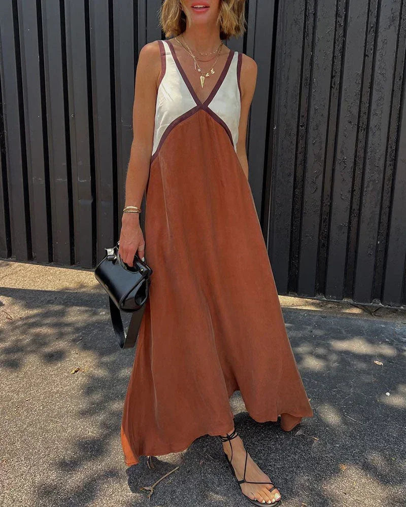 Two-tone sleeveless women's Maxi dress with V-neck