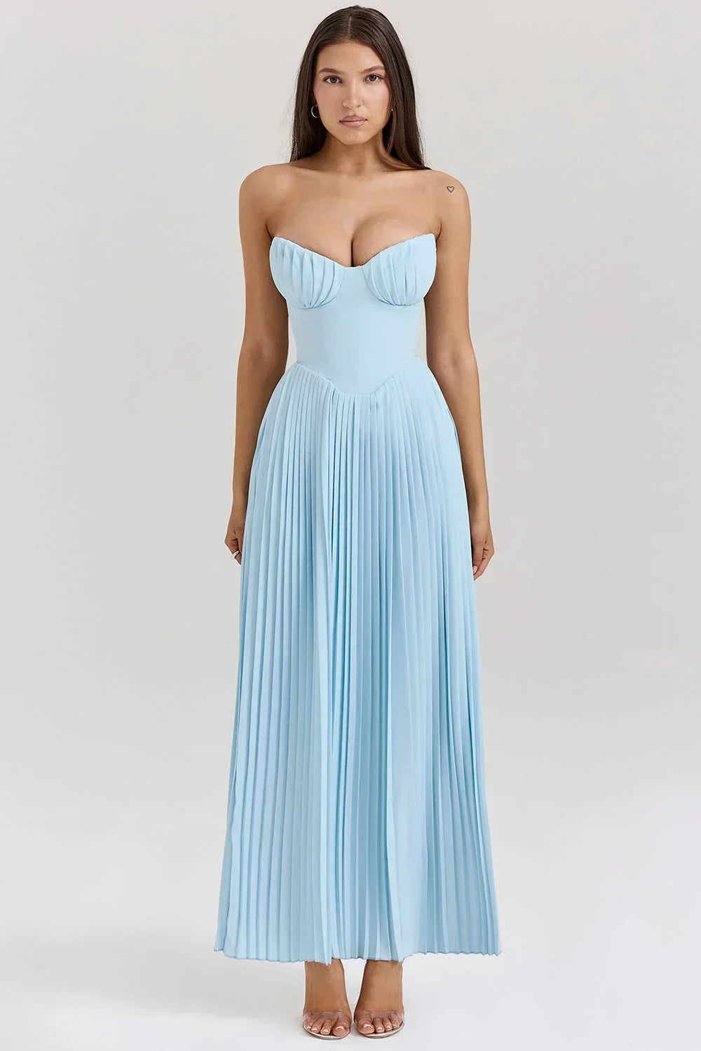 Maxi dress woman light blue pleated bustier