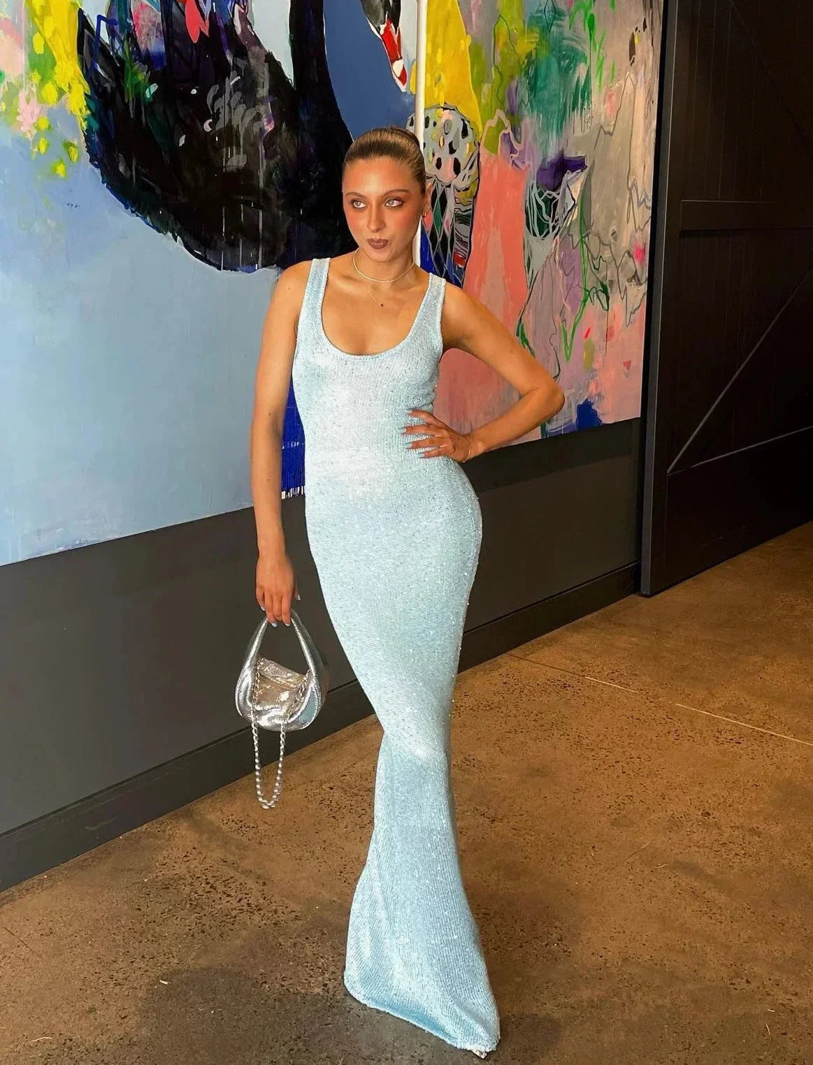 Ice blue sleeveless fitted women's Maxi dress
