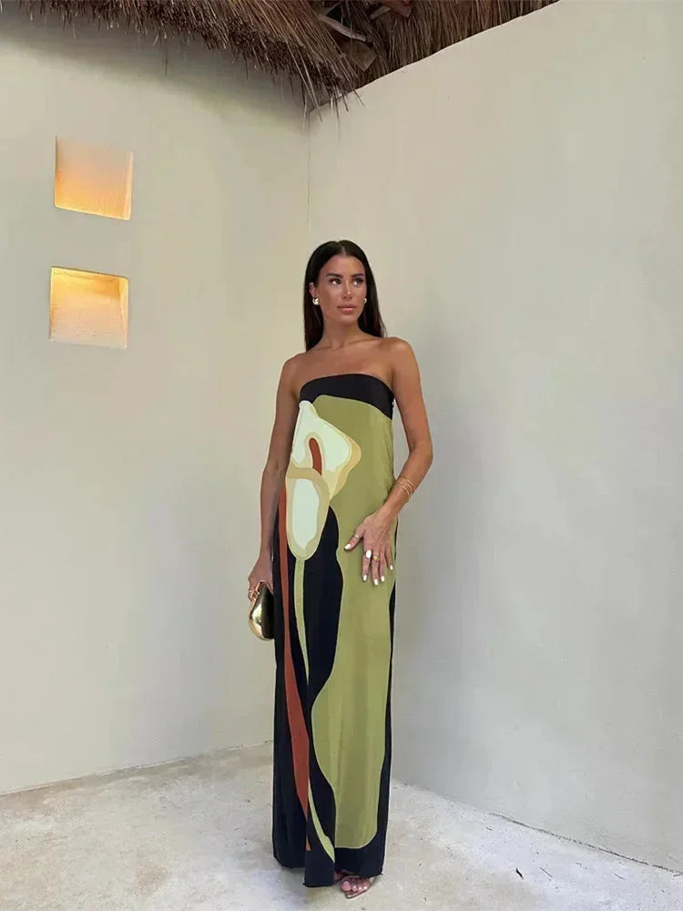 Strapless women's Maxi dress with flowing abstract patterns