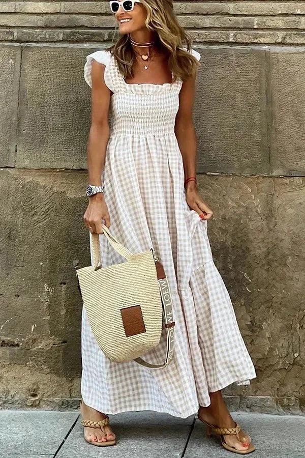 Women's checked Maxi dress with flutter sleeves and square neckline