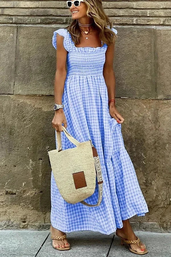 Women's checked Maxi dress with flutter sleeves and square neckline