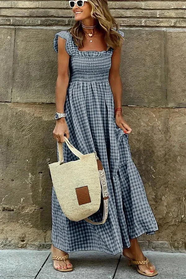 Women's checked Maxi dress with flutter sleeves and square neckline